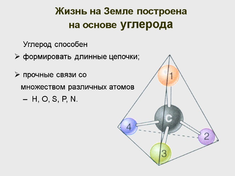 Углерод способен   формировать длинные цепочки; Жизнь на Земле построена на основе углерода